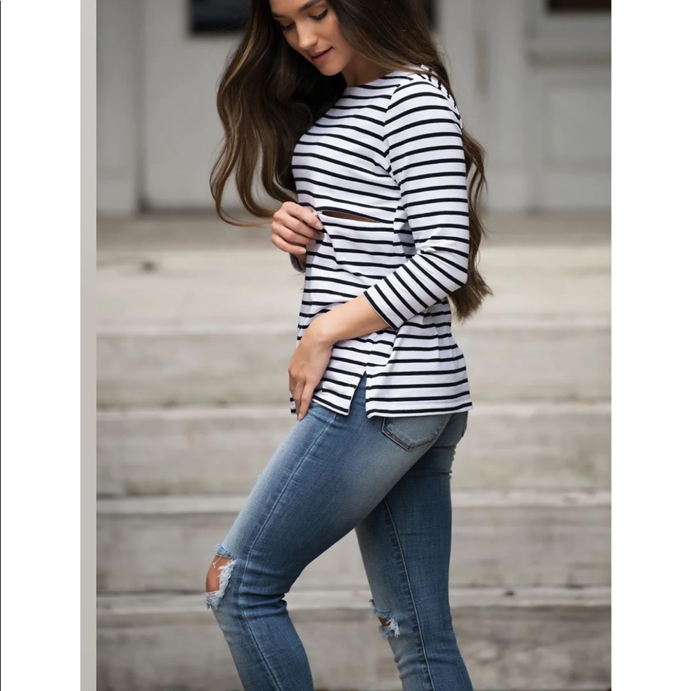 Stripped nursing top - 3/4 sleeve with hidden zipper